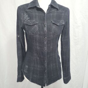 Harley Davidson retro snap close plaid inside long sleeve, sz 2XL kids(Women XS)